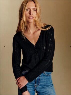 Sézane Tess Jumper Merino Wool XXL Black Noir V-Neck Crocheted Sweater Sezane